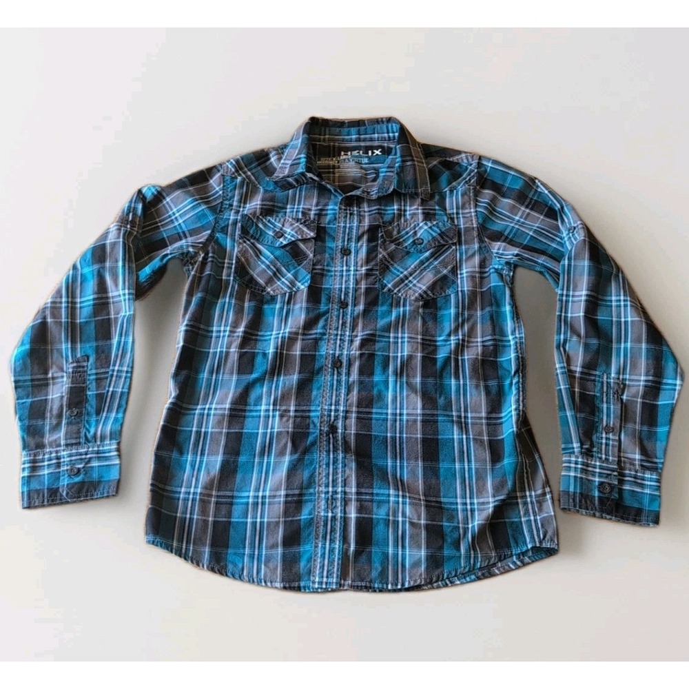 Helix Boys XL Long Sleeve Button Down Shirt Cotton Blend  Blue Plaid Pockets EUC